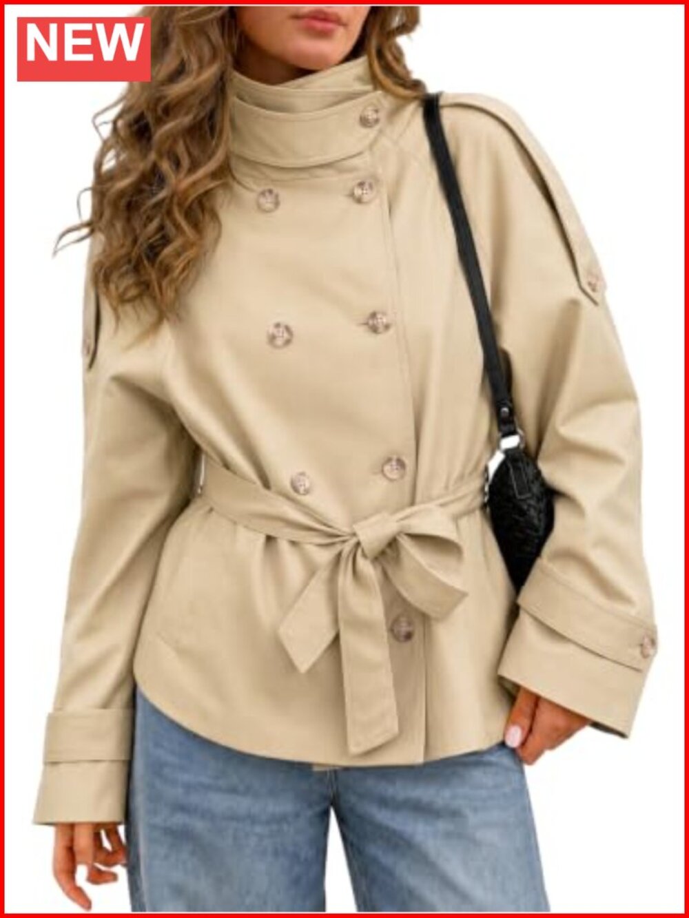 Cicy Bell Double Breasted Short Trench Coat Belt Tie Hem Fall Jacket